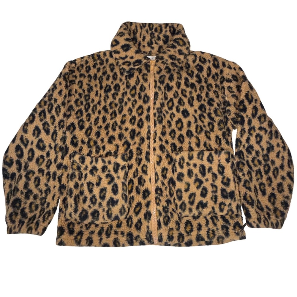 Billabong Leopard Print Sherpa Fleece Full Zip Jacket Womens XS Tan Black Pocket